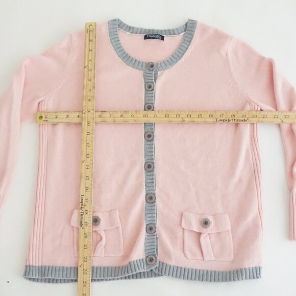 Chadwicks Of Boston Pink w Grey Trim Button Up Knit Cardigan Sweater M - Picture 4 of 10